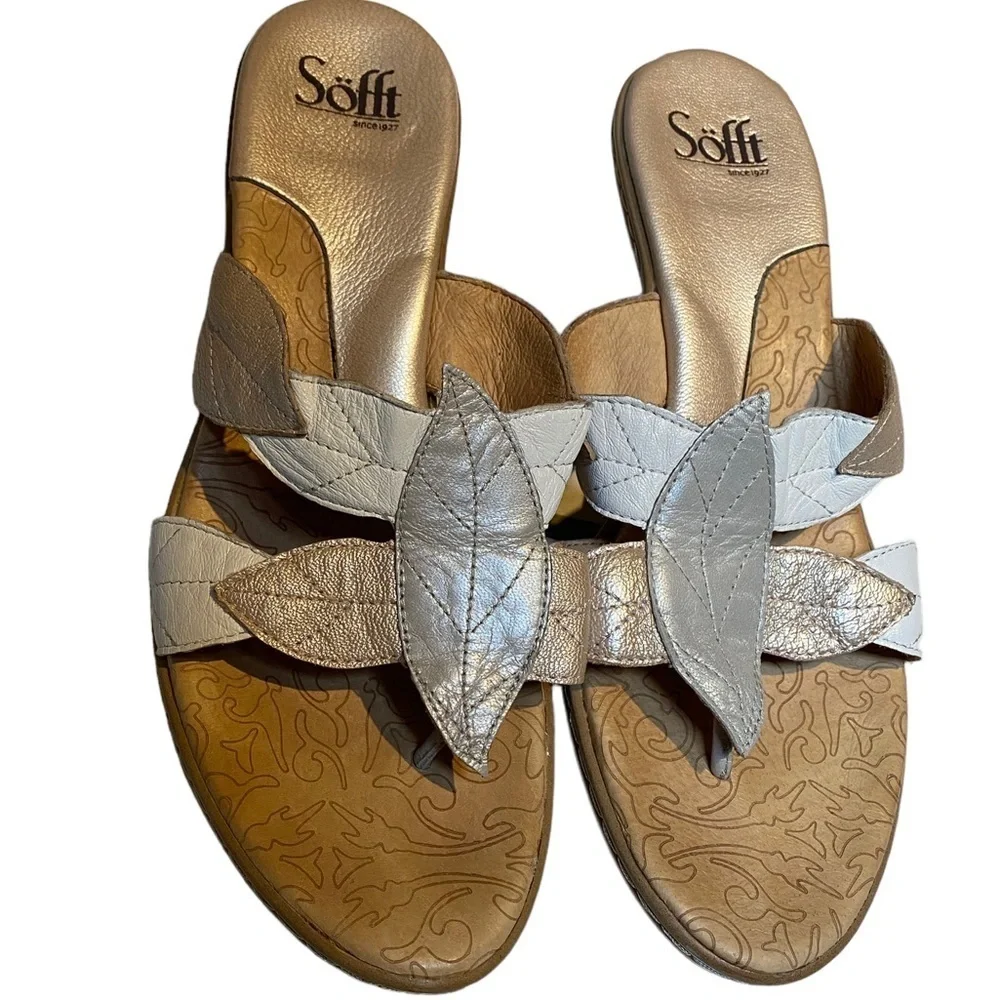 Sofft silver white gold leather leaf slip on low heeled thong sandals 10M